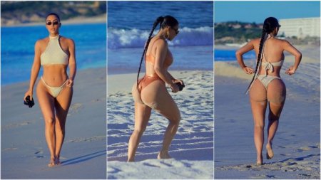 39-летняя американская звезда реалити-шоу, актриса и фотомодель Ким Кардашьян (Kim Kardashian) на пляже в Мексике