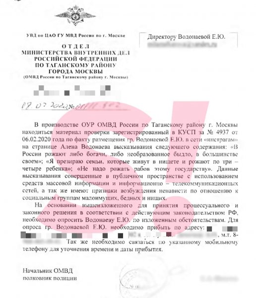 Алену Водонаеву вызвали в полицию из-за поста о материнском капитале