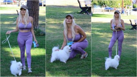 25-летняя американская актриса и модель Кортни Стодден (Courtney Stodden) на прогулке с собачкой