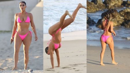 39-летняя американская звезда реалити-шоу, актриса и фотомодель Ким Кардашян (Kim Kardashian) на пляже в бикини